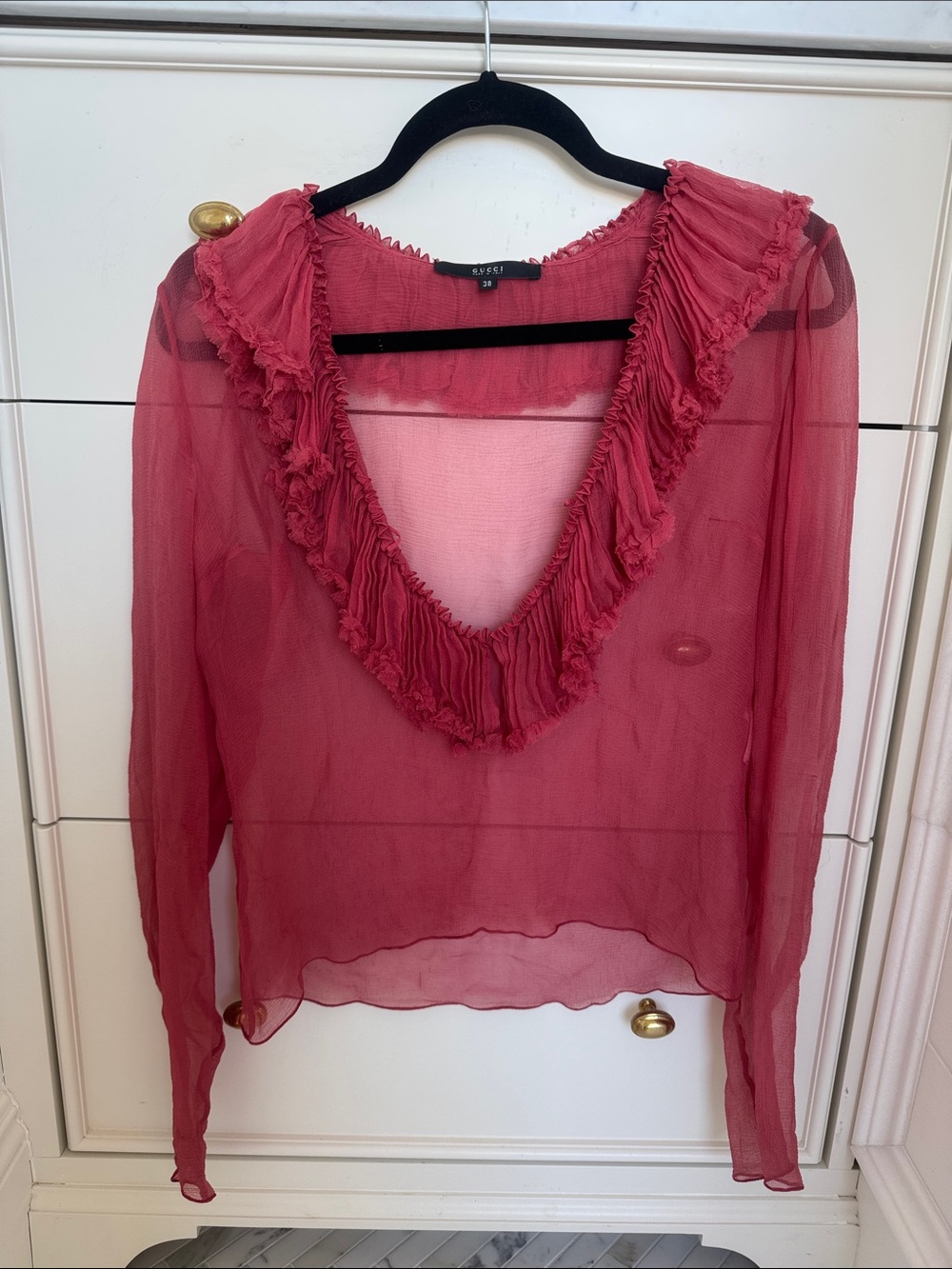 Gucci Rose-Red Sheer Ruffled V-Neck Blouse